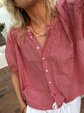 Industry Gingham Top Red Gingham June Puff Sleeve Size XS NWT